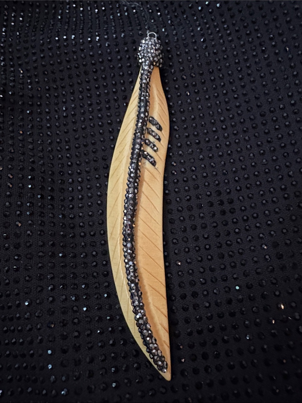 Vintage Tan Wooden Feather Pendant with Black Crystal Accents